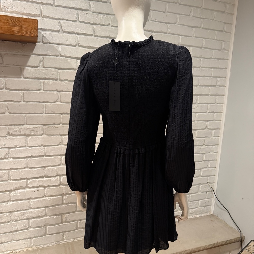 NWT Gianni Bini Black Smocked Mini Dress M Long Sleeve Boho Ruffle Flowy Chic - Picture 8 of 9